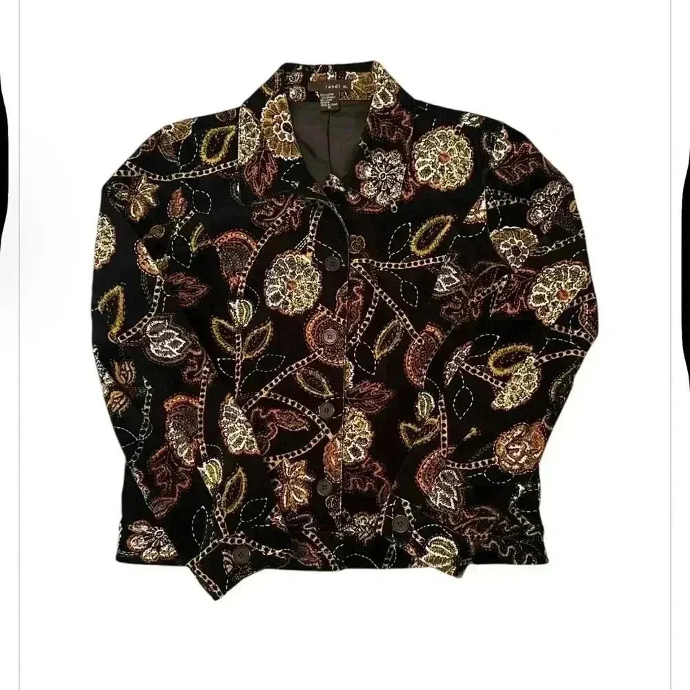 Vintage black/orange floral corduroy boho button down lightweight jacket size 10